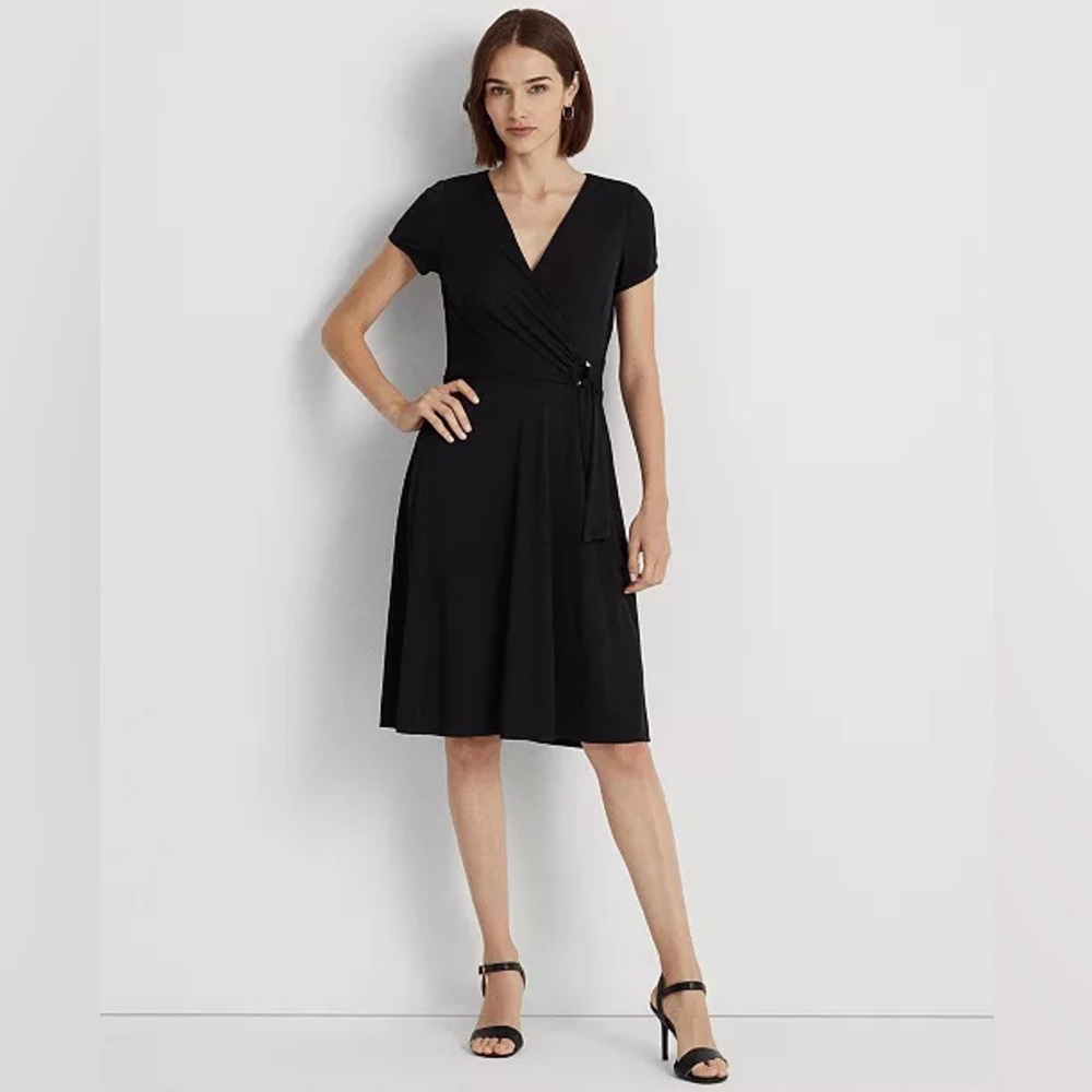 Lauren Ralph Lauren Womens Short-Sleeve Surplice Jersey Dress Size 6 Black LBD - Picture 1 of 10